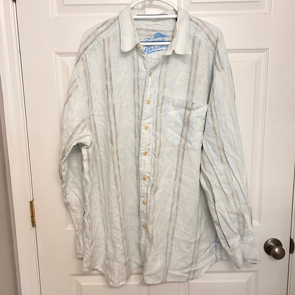Tommy Bahama Relax Mens 2XB Blue White Striped 100% Linen Long Sleeve Shirt